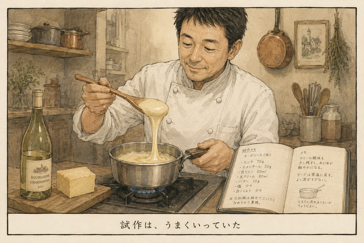 小鍋で少量のチーズを溶かし、木べらで持ち上げている料理人