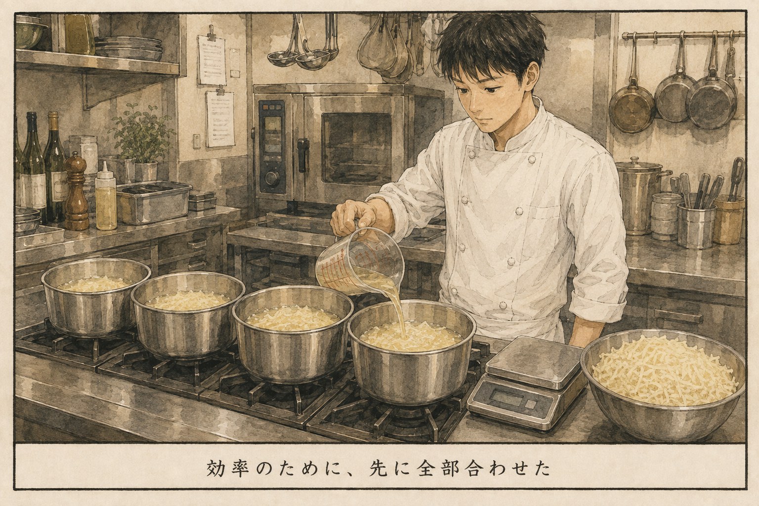 四つの鍋にチーズと白ワインをあらかじめ計量して合わせている厨房