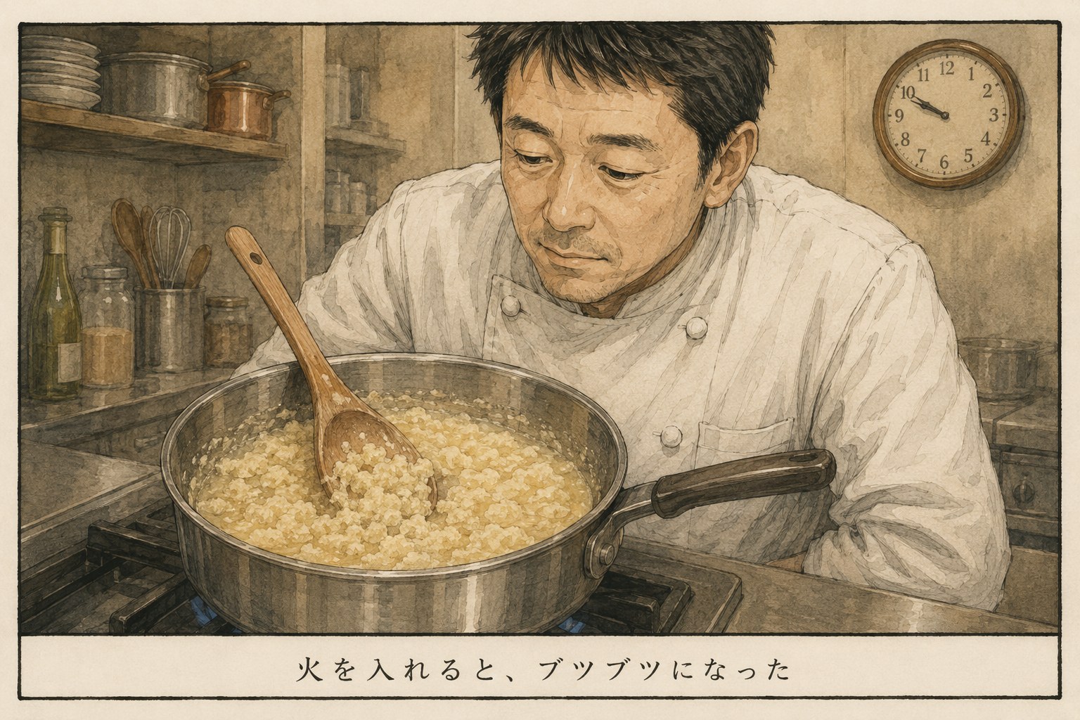 鍋の中でチーズが細かい粒状に固まり分離している