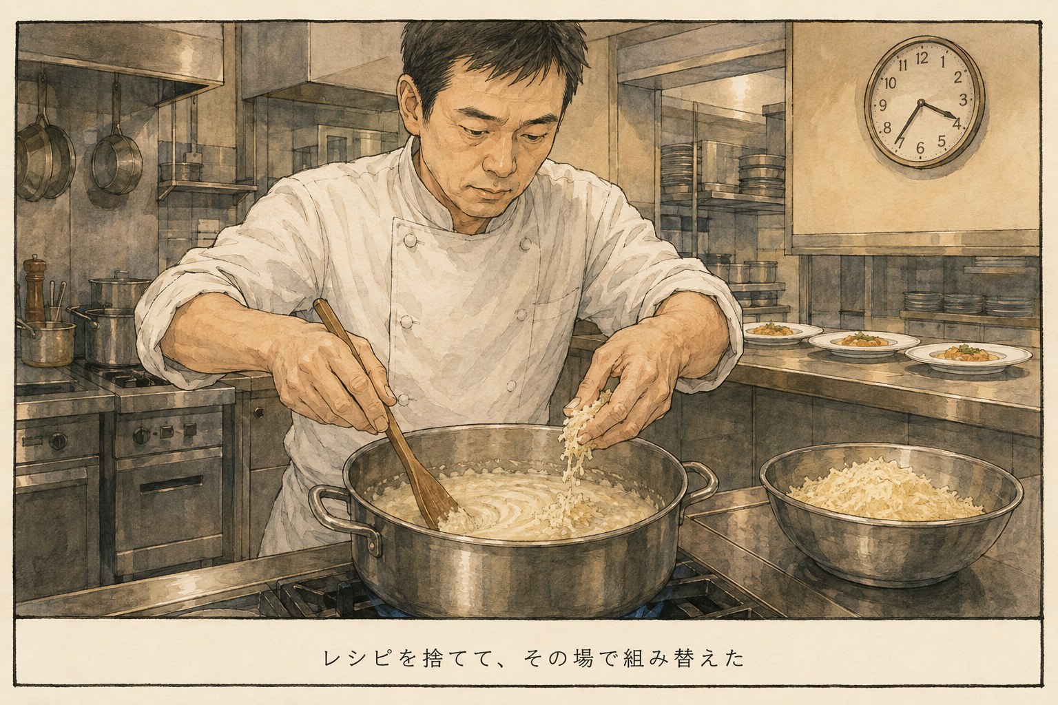鍋をかき混ぜながらチーズを足して立て直している料理人