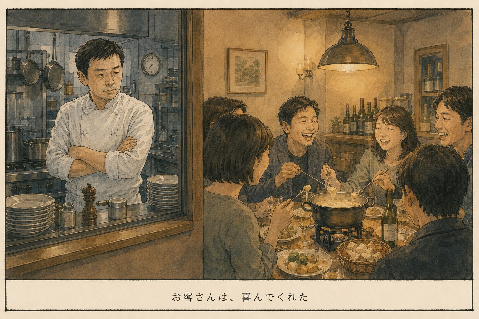 客席でフォンデュを楽しむ人たちと、厨房からそれを見ている料理人