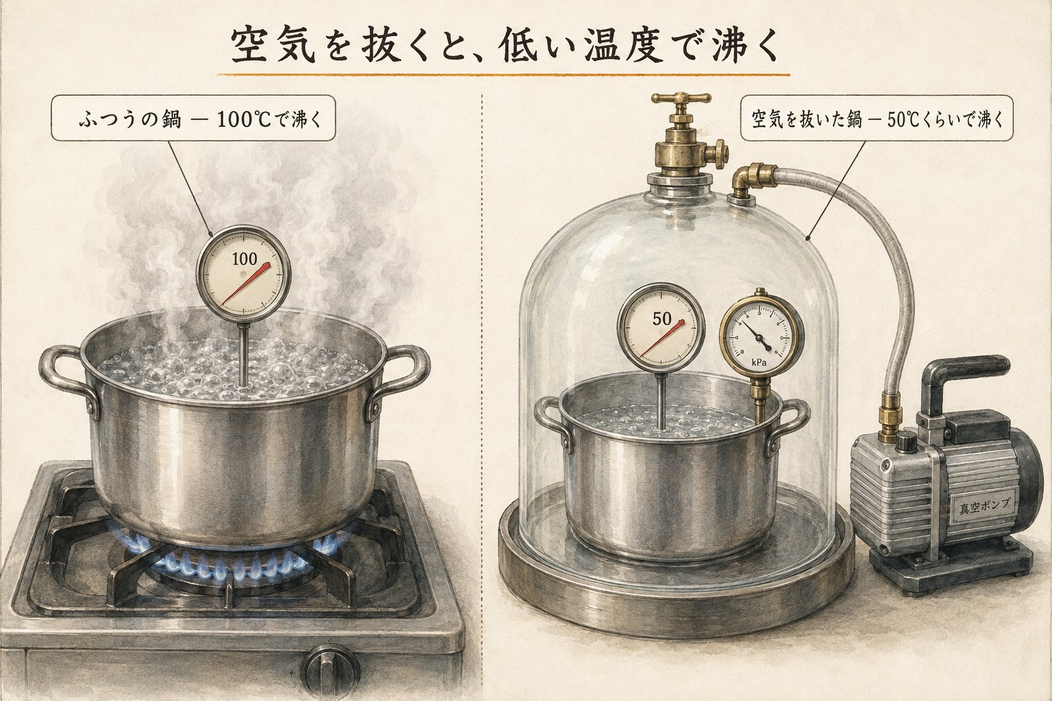 空気を抜くと水は低い温度で沸くことを、ふつうの鍋と減圧した鍋で比べた図