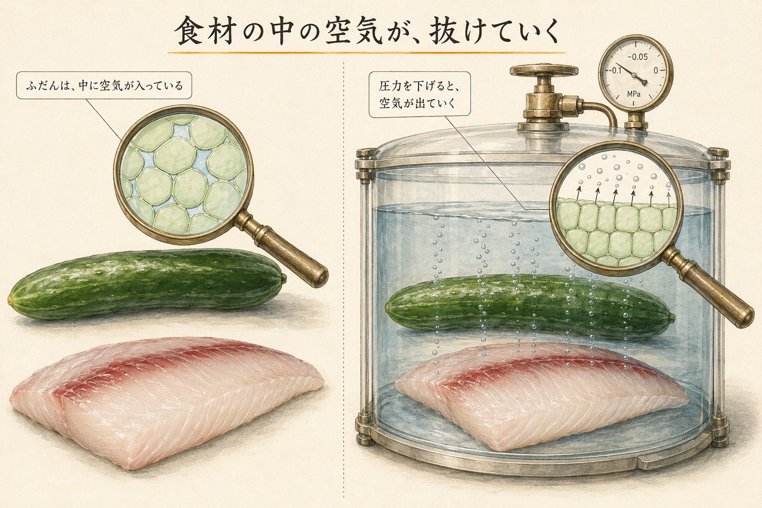 きゅうりと魚の切り身の内部にある空気が、減圧すると泡になって出ていく様子の図