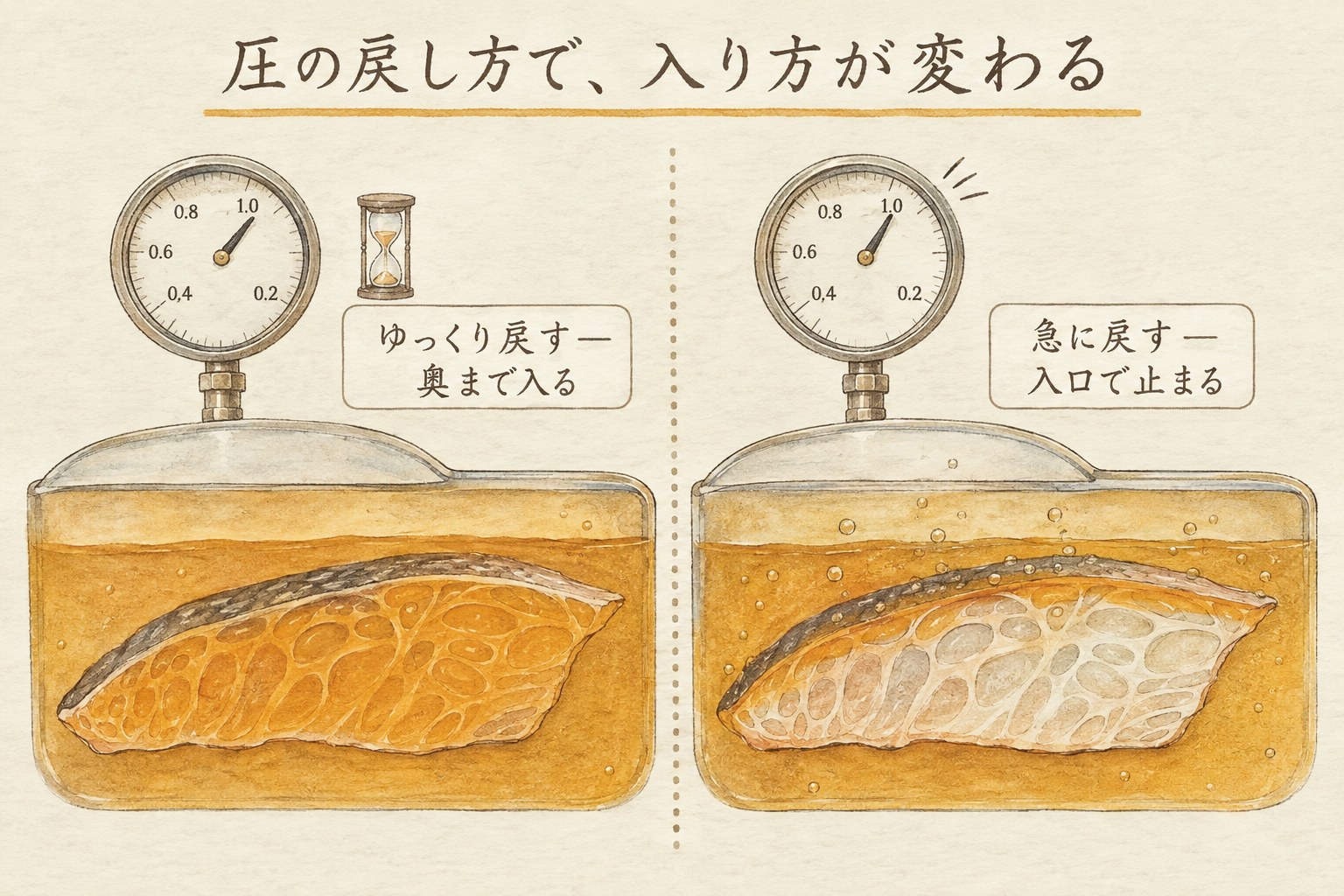 圧力をゆっくり戻した場合と急に戻した場合で、出汁の入り方が変わることを比べた図