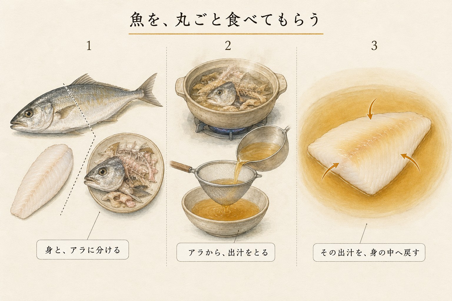 魚を身とアラに分け、アラの出汁を取り、その出汁を身の中へ戻す3コマの図