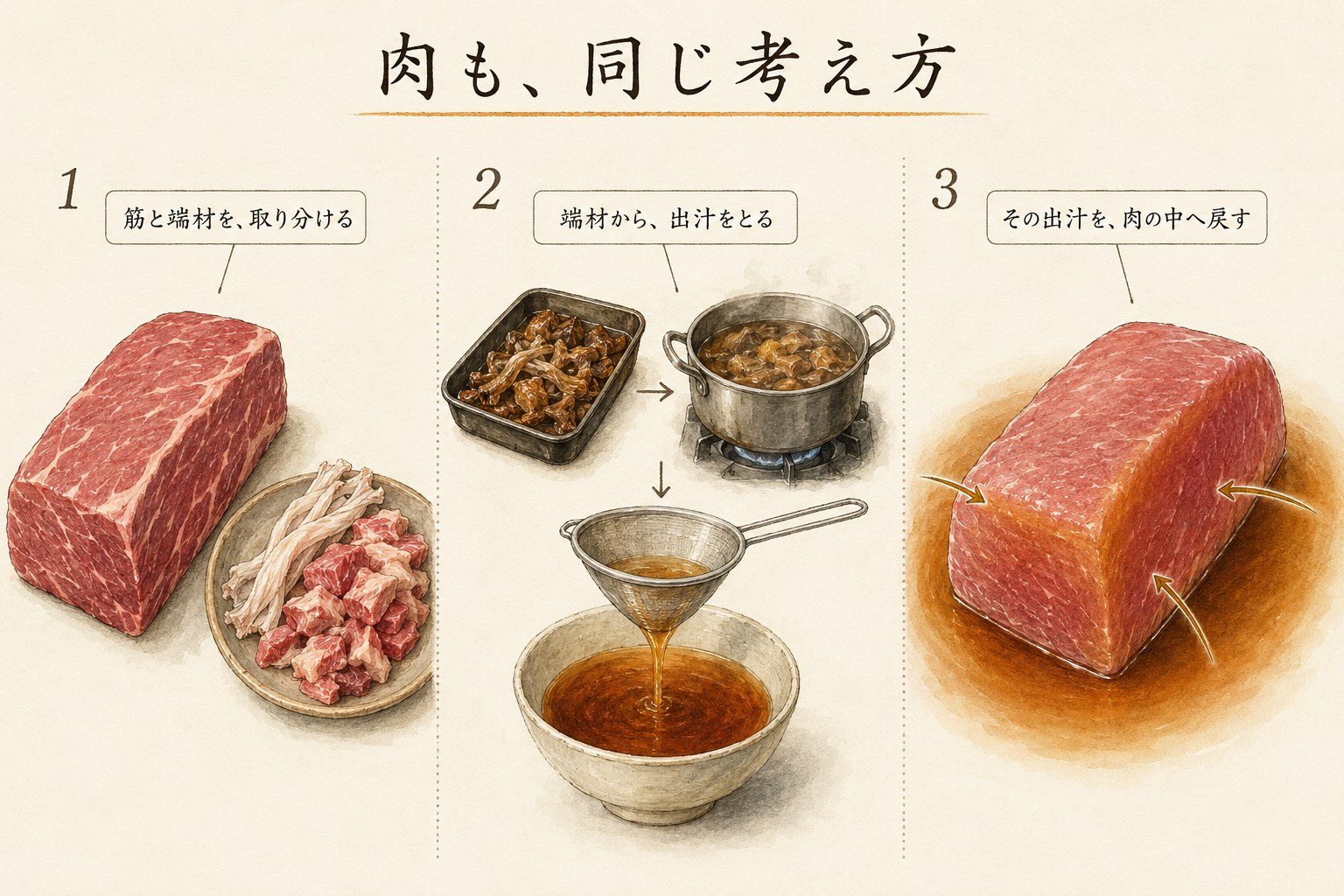 肉から筋と端材を取り分け、出汁を取り、その出汁を肉の中へ戻す3コマの図