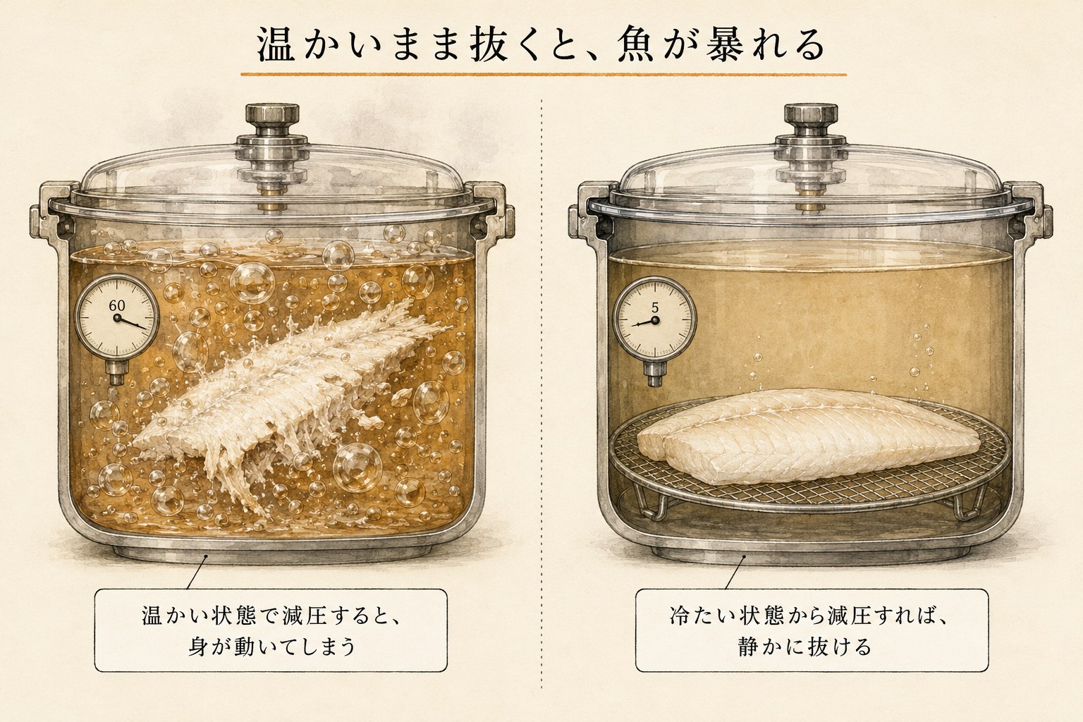 温かいまま減圧すると魚の身が崩れ、冷たい状態から減圧すると静かに抜けることを比べた図