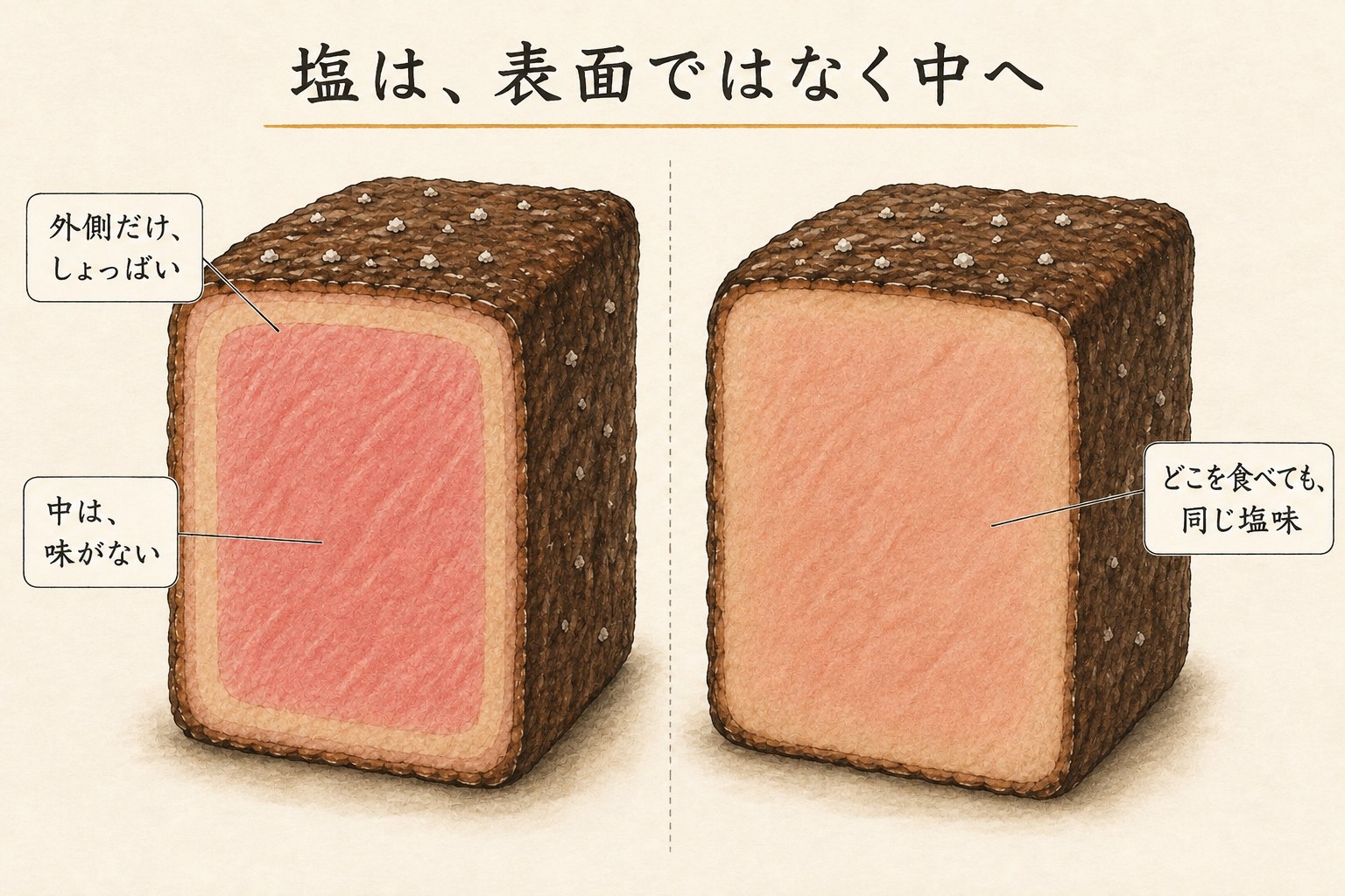 ふつうに焼いた肉の断面と、減圧して塩味を入れた肉の断面を比べた図