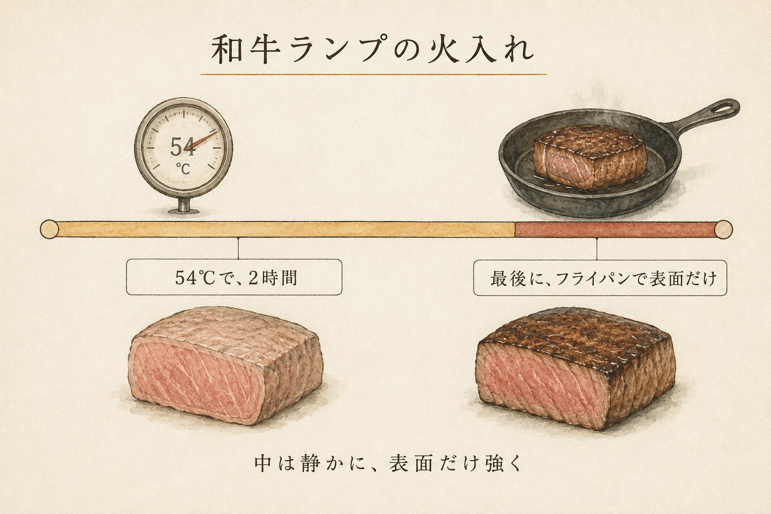 和牛ランプを54℃で2時間火入れし、最後にフライパンで表面だけ焼く工程の図