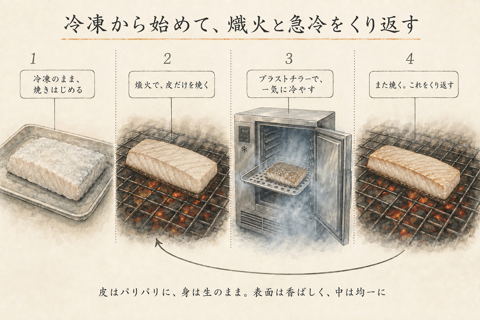 冷凍の魚を熾火で焼き、ブラストチラーで急冷することを繰り返す4コマの図