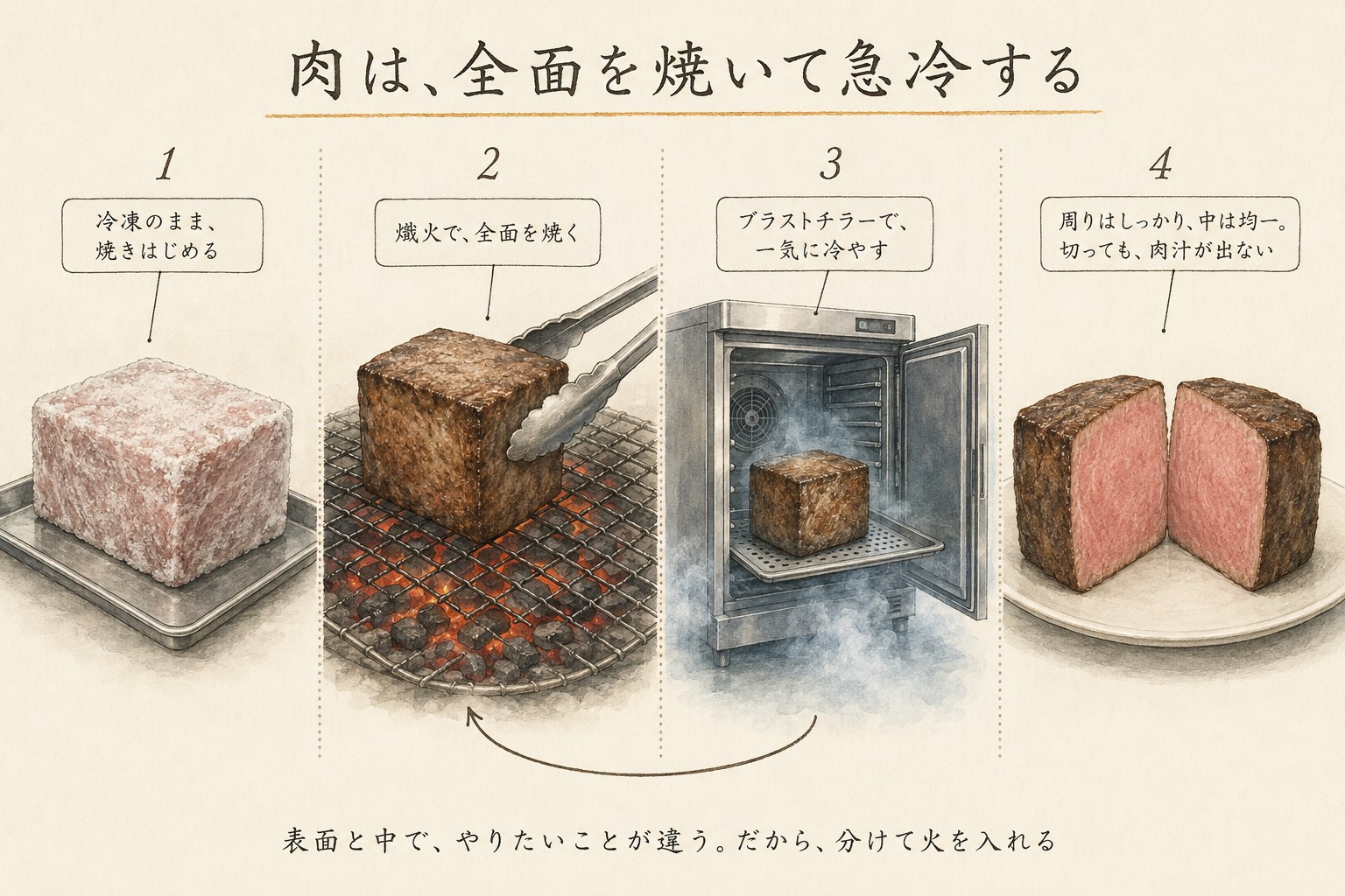冷凍の肉を熾火で全面焼き、ブラストチラーで急冷することを繰り返す4コマの図