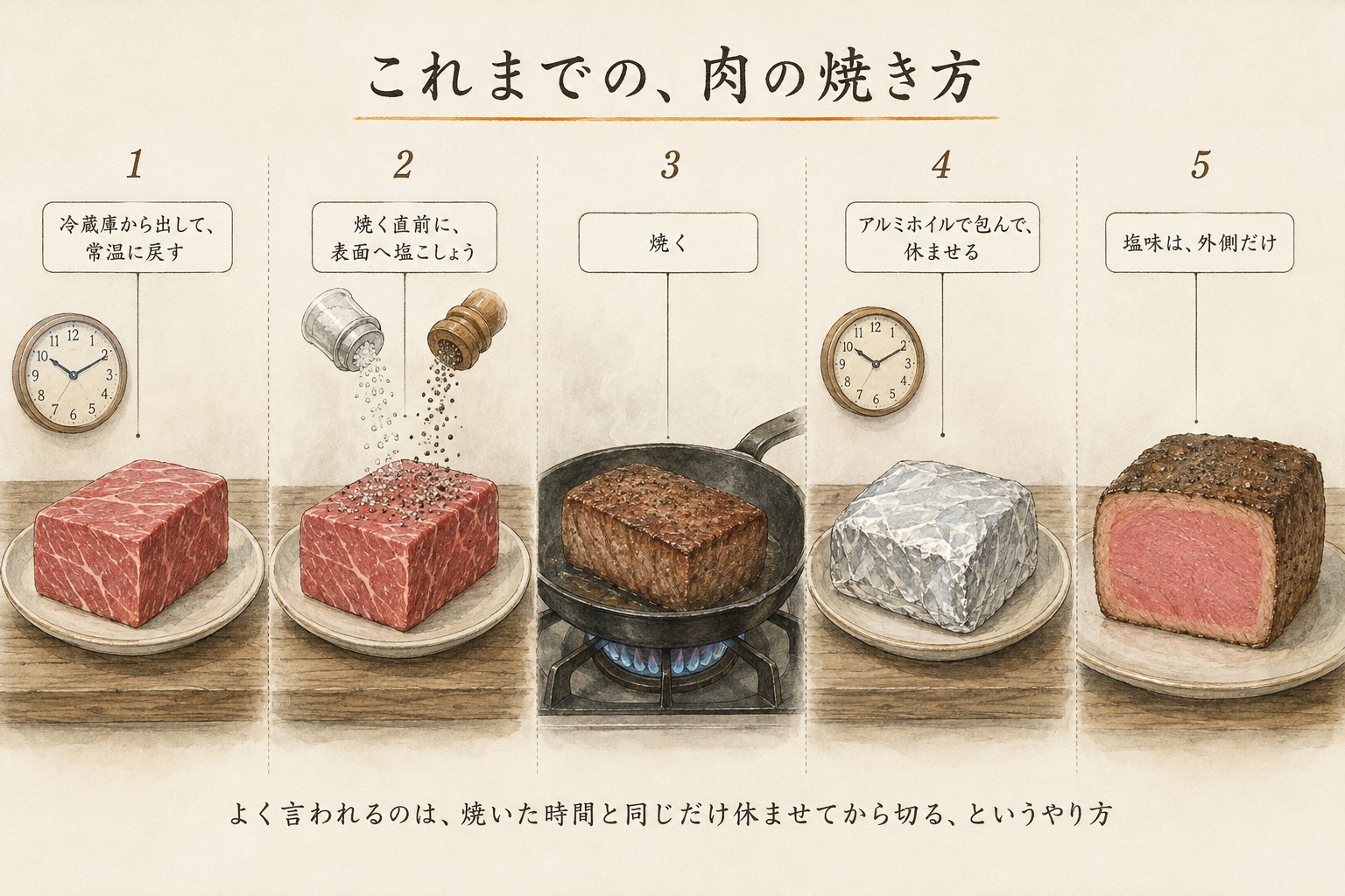 肉を常温に戻し、表面に塩こしょうをして焼き、アルミホイルで休ませて切るまでの5コマの図