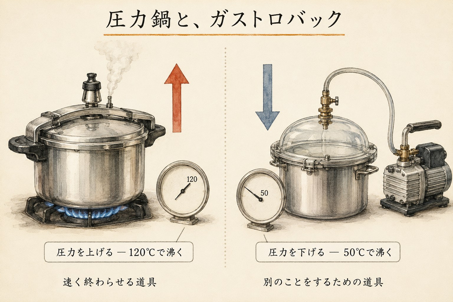 圧力鍋は圧力を上げて120℃、ガストロバックは圧力を下げて50℃で沸くことを比べた図