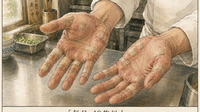 指の関節や指先に絆創膏をいくつも貼った料理人の手の漫画イラスト