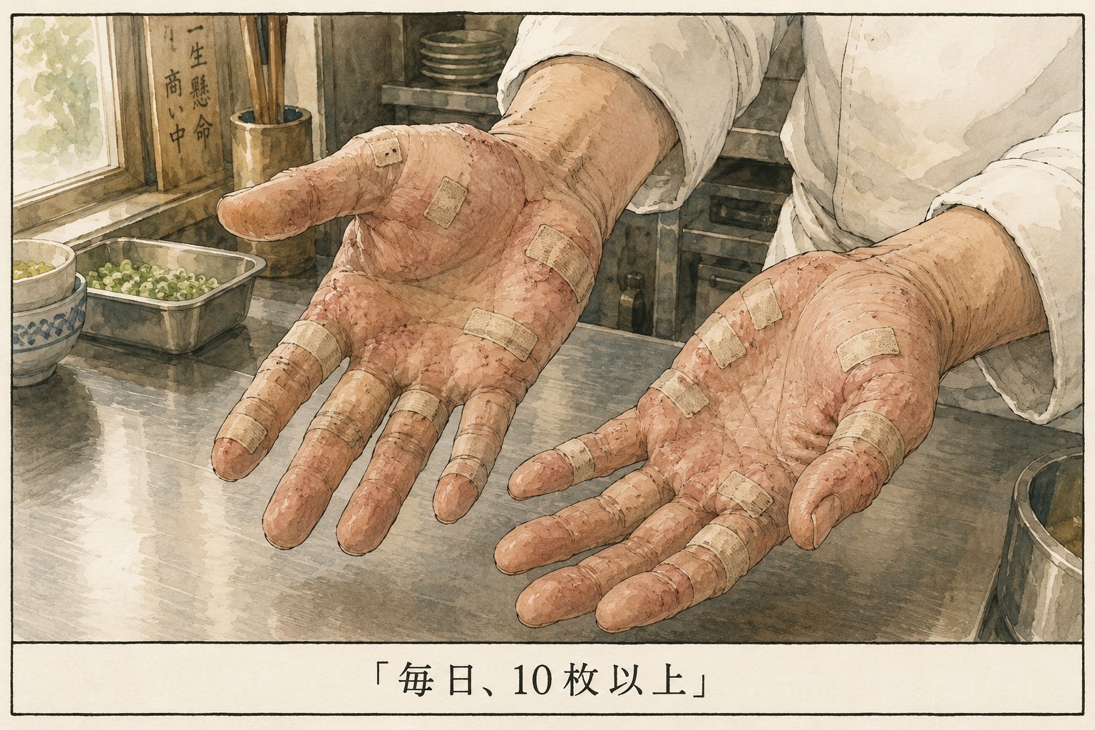 ひび割れて赤くなった両手に、絆創膏を10枚以上貼っている料理人の手