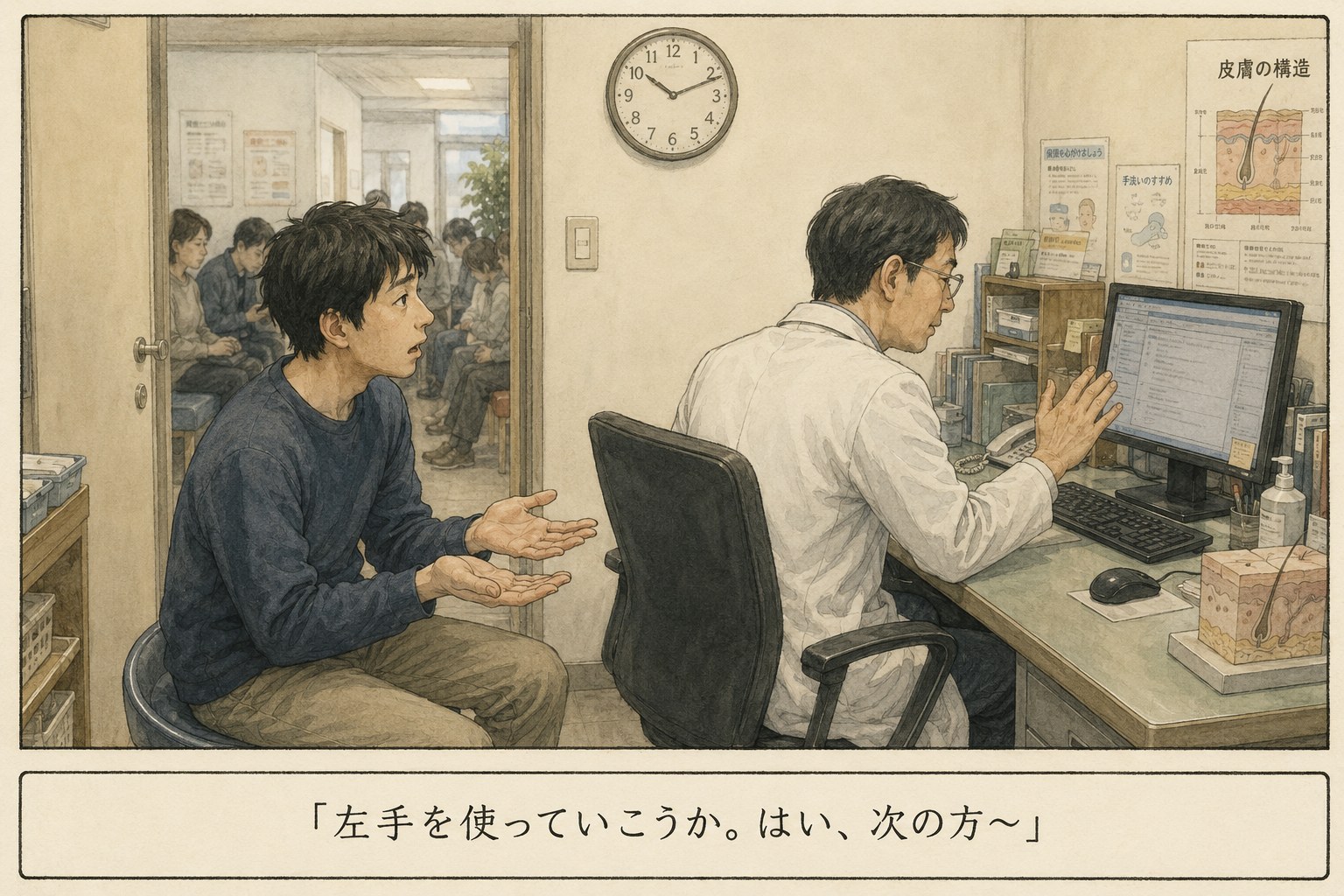 皮膚科の診察室で、医師がパソコンに向き直り、患者が両手を出したまま取り残されている場面