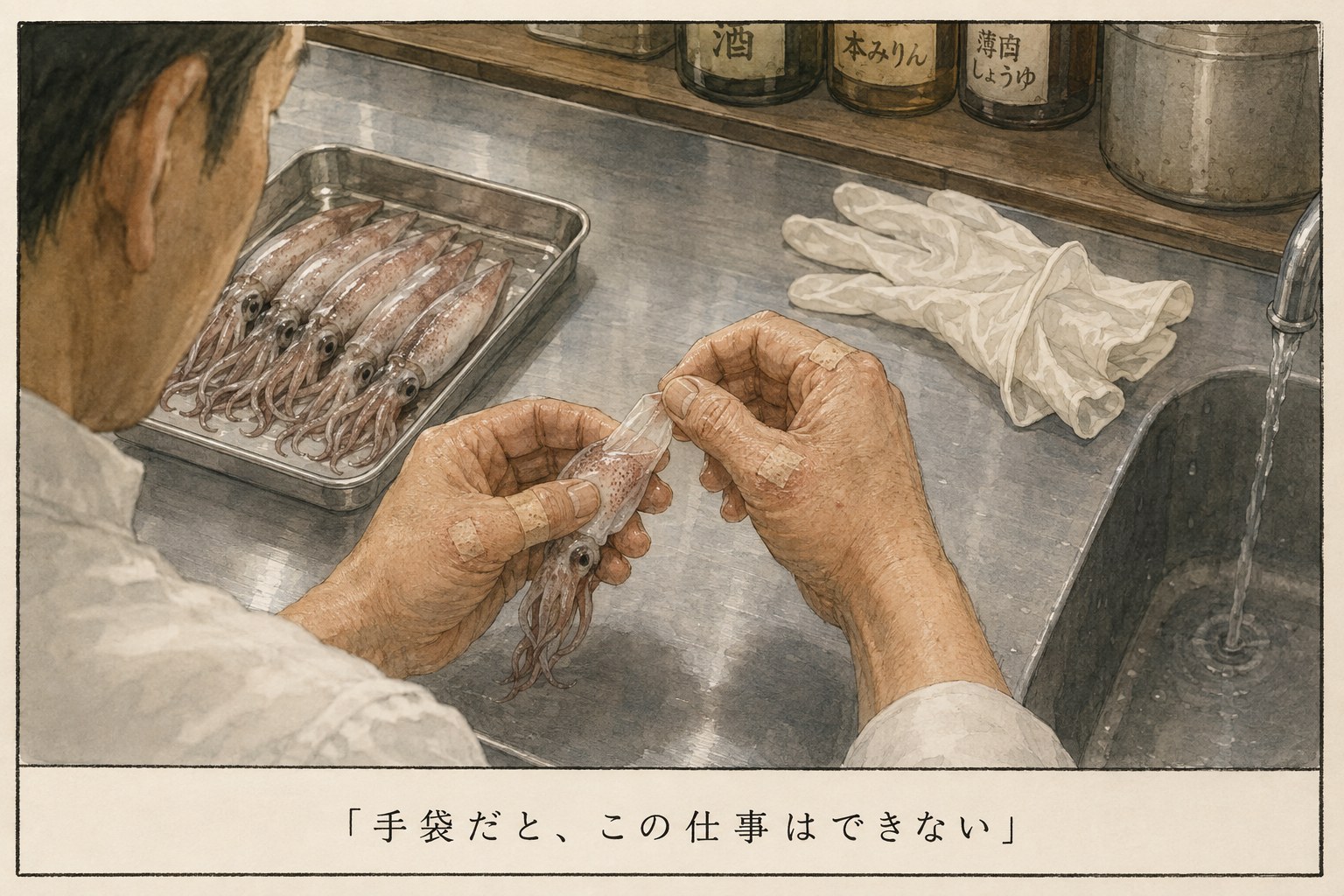 荒れた素手で小さなイカの皮をむいている場面。使われていない手袋が台に置かれている