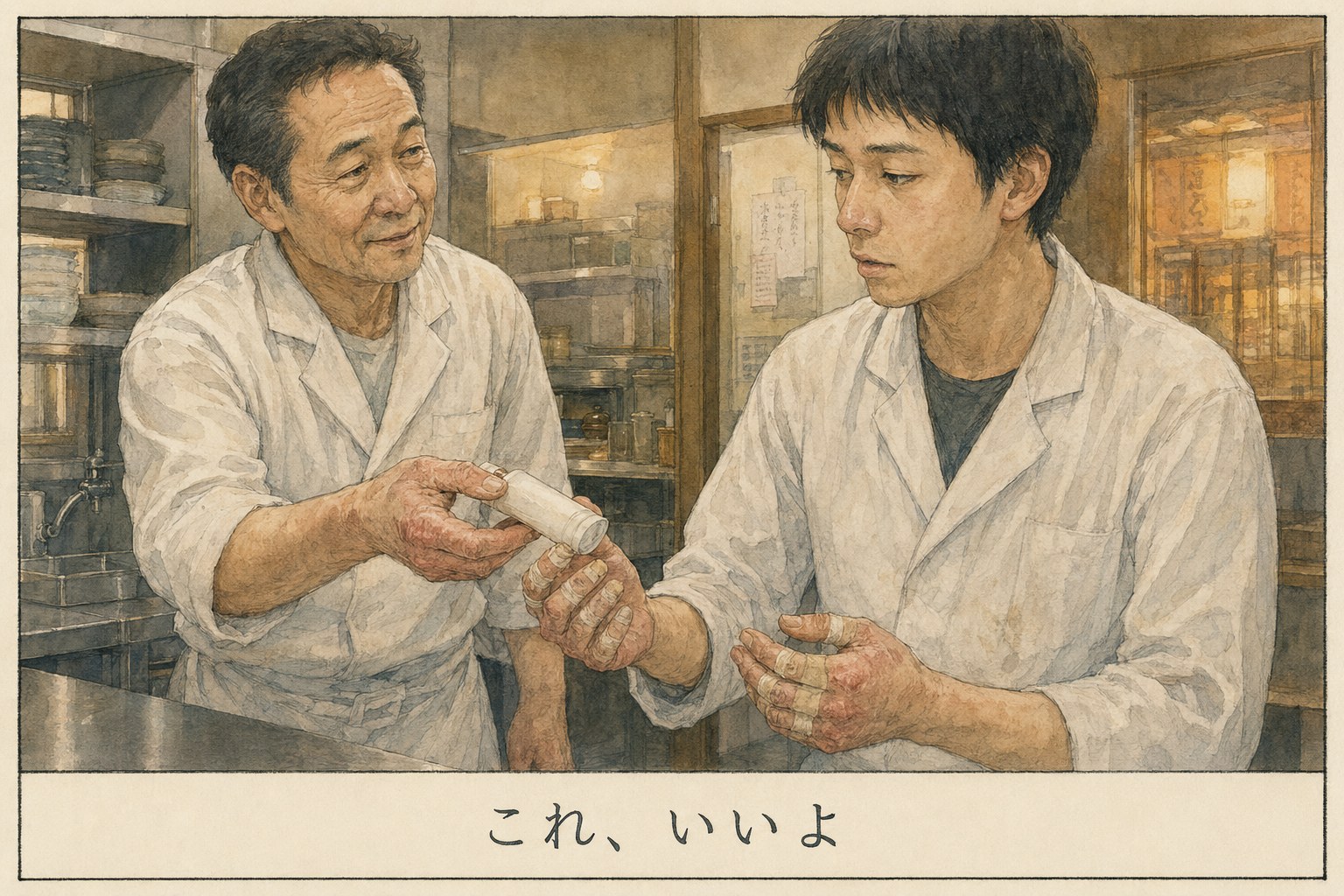 厨房で年上の料理人が若い料理人にハンドクリームを差し出している場面