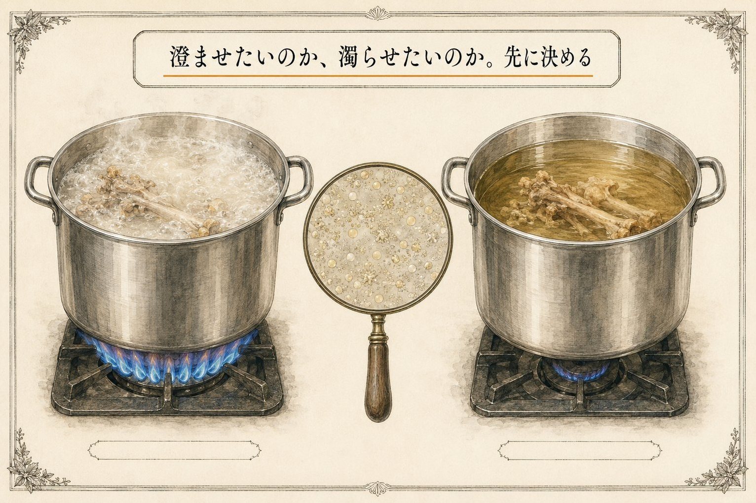 同じ鶏ガラの鍋を強火と弱火で炊き比べた図。強火は白く濁り、弱火は澄む。澄ませたいのか濁らせたいのか、先に決める