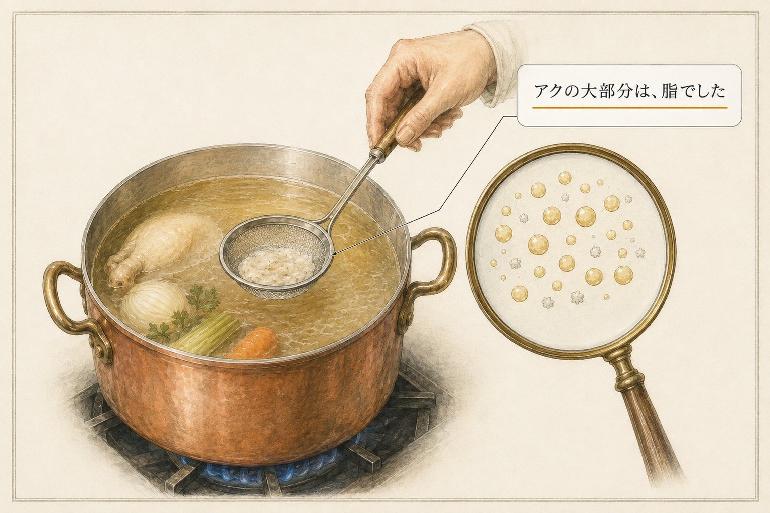 ブロードの鍋からアクをすくう手と、虫めがねの中に脂の粒が見える図。アクの大部分は脂でした