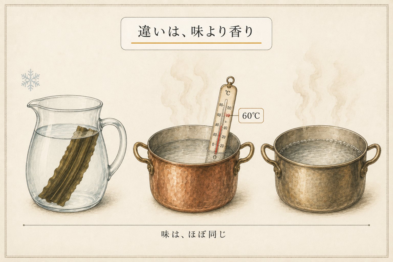 水出し・60℃・煮出しの三つの昆布出汁を並べた図。味はほぼ同じで、違いは味より香り