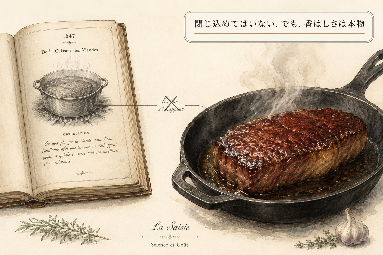 1847年の本の茹でる挿絵と、鉄鍋で香ばしく焼けたステーキの図。閉じ込めてはいない、でも香ばしさは本物