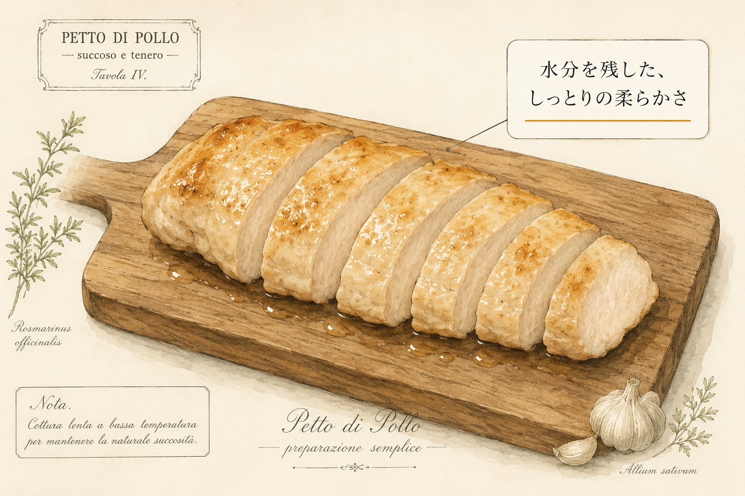 スライスした鶏胸肉の図。水分を残した、しっとりの柔らかさ