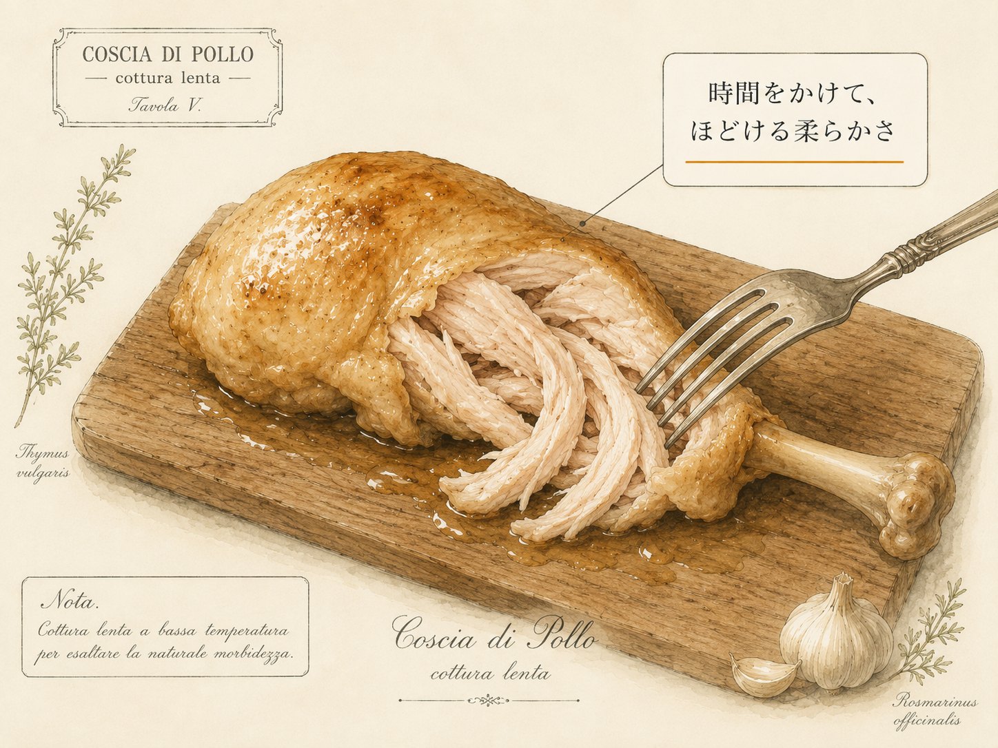 骨付き鶏もも肉をフォークでほぐす図。時間をかけて、ほどける柔らかさ