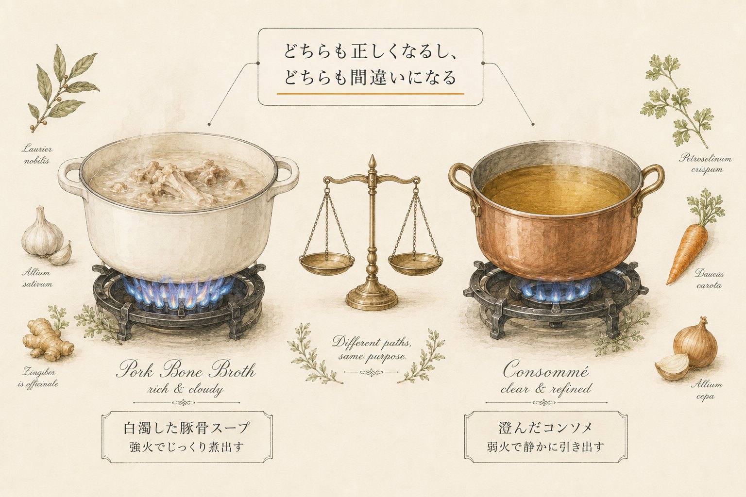 白濁した豚骨スープと澄んだコンソメを天秤の両側に置いた、どちらも正しいことを示す図