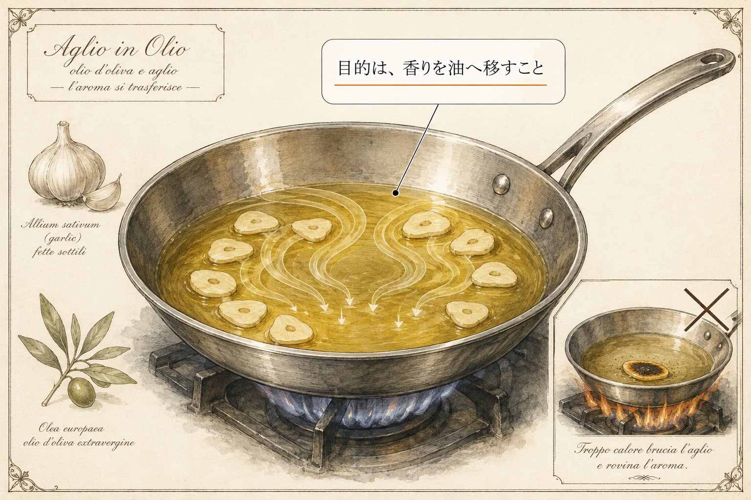 オリーブオイルの中のニンニクから香りが油へ渦を巻いて移っていく図。目的は香りを油へ移すこと