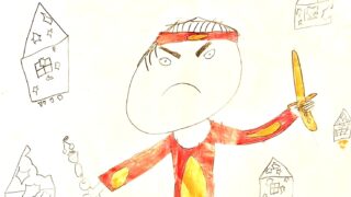 小学1年生が描いた絵本「マンゴーたろう」の表紙の原画