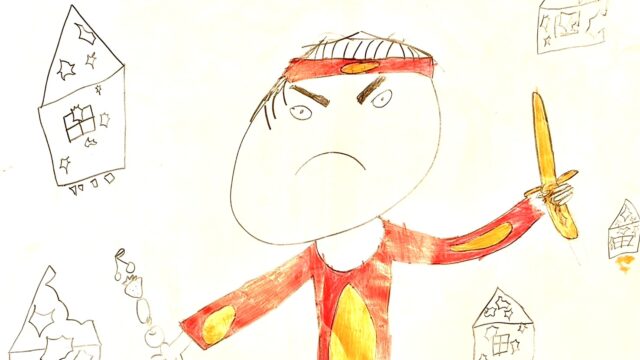 小学1年生が描いた絵本「マンゴーたろう」の表紙の原画