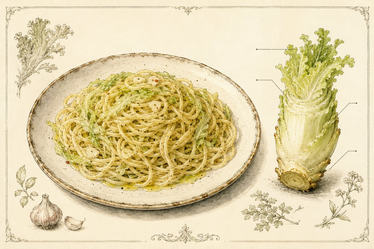 レタスの芯を使ったパスタのイラスト