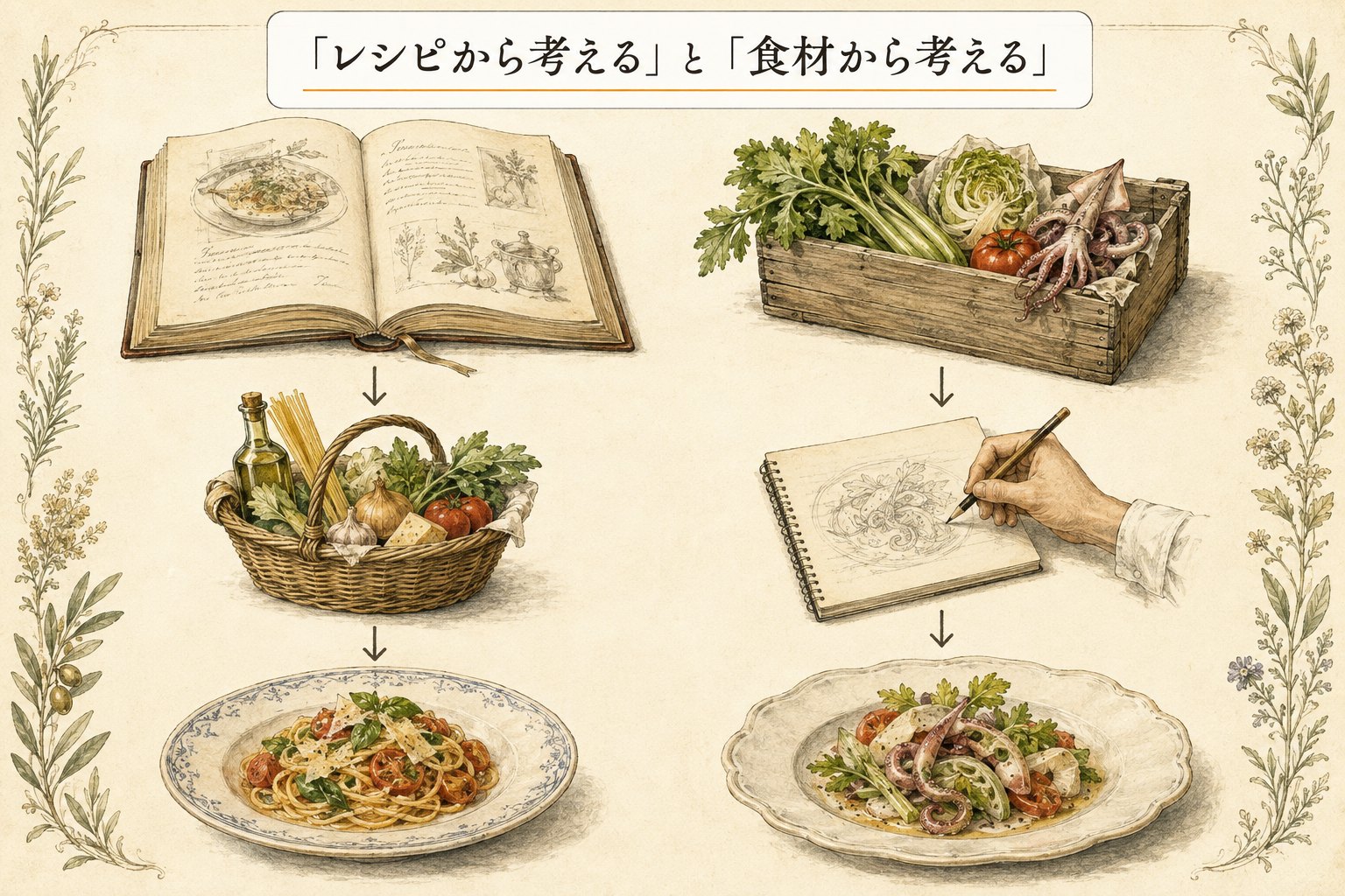 「レシピから考える」と「食材から考える」の対比イラスト