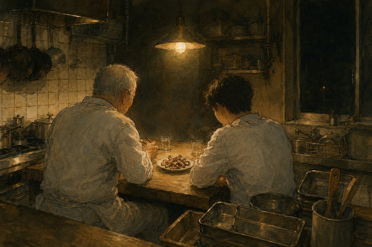 元日の深夜、二人だけのまかないのイラスト