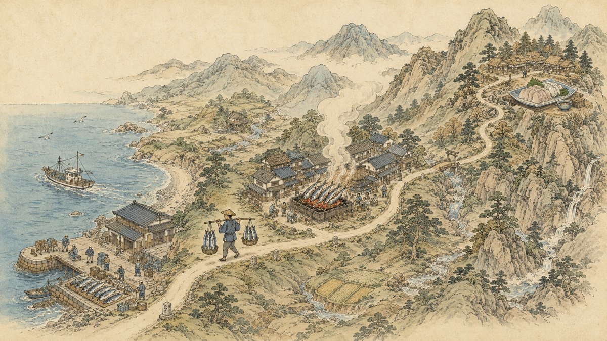 海から山への魚の旅を描いた絵地図のイラスト