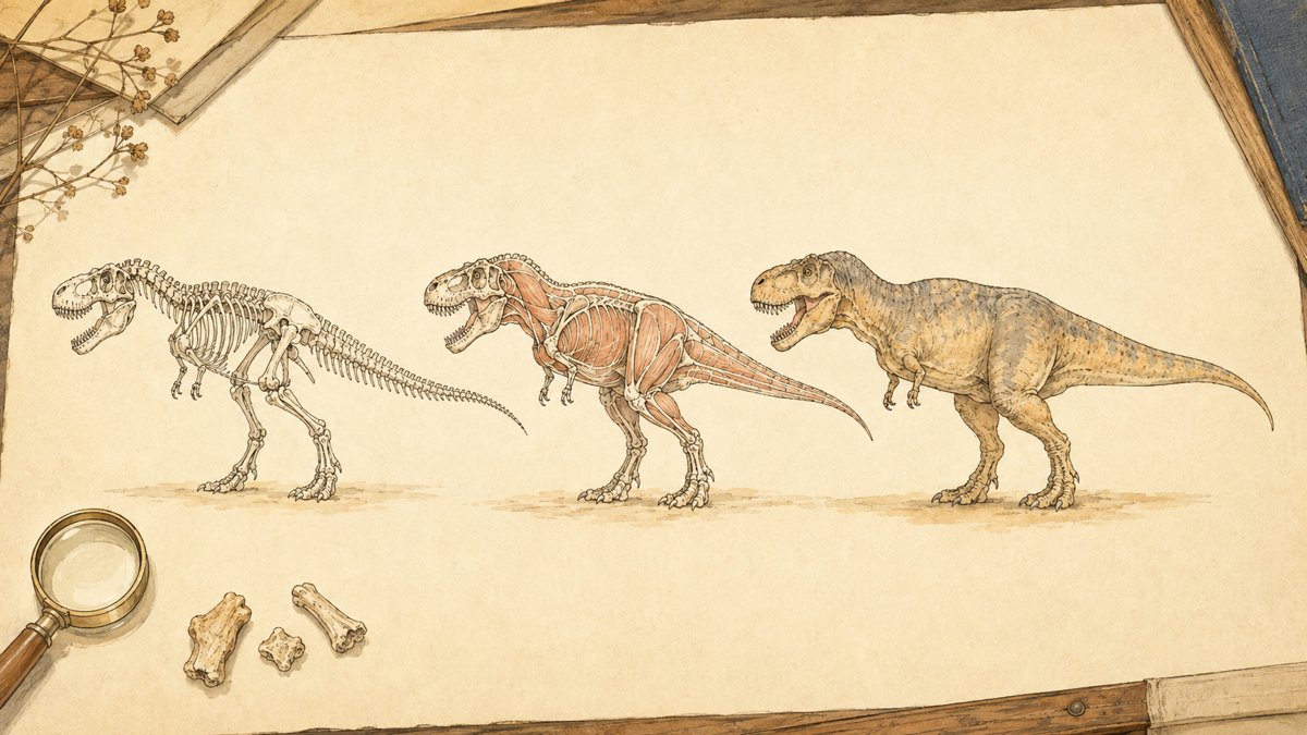 恐竜の復元の3段階(骨格・筋肉・完成した姿)のイラスト