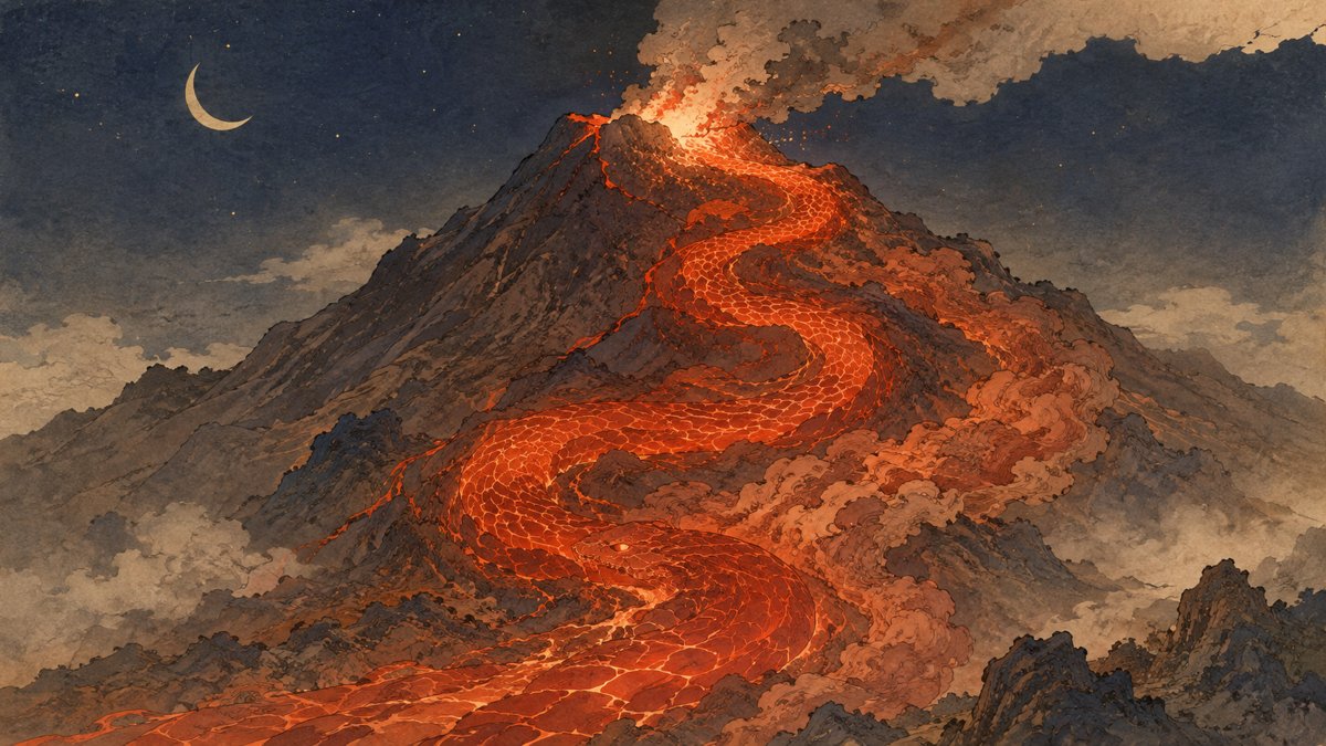 夜の火山を流れ下る溶岩が巨大な蛇の姿に見えるイラスト