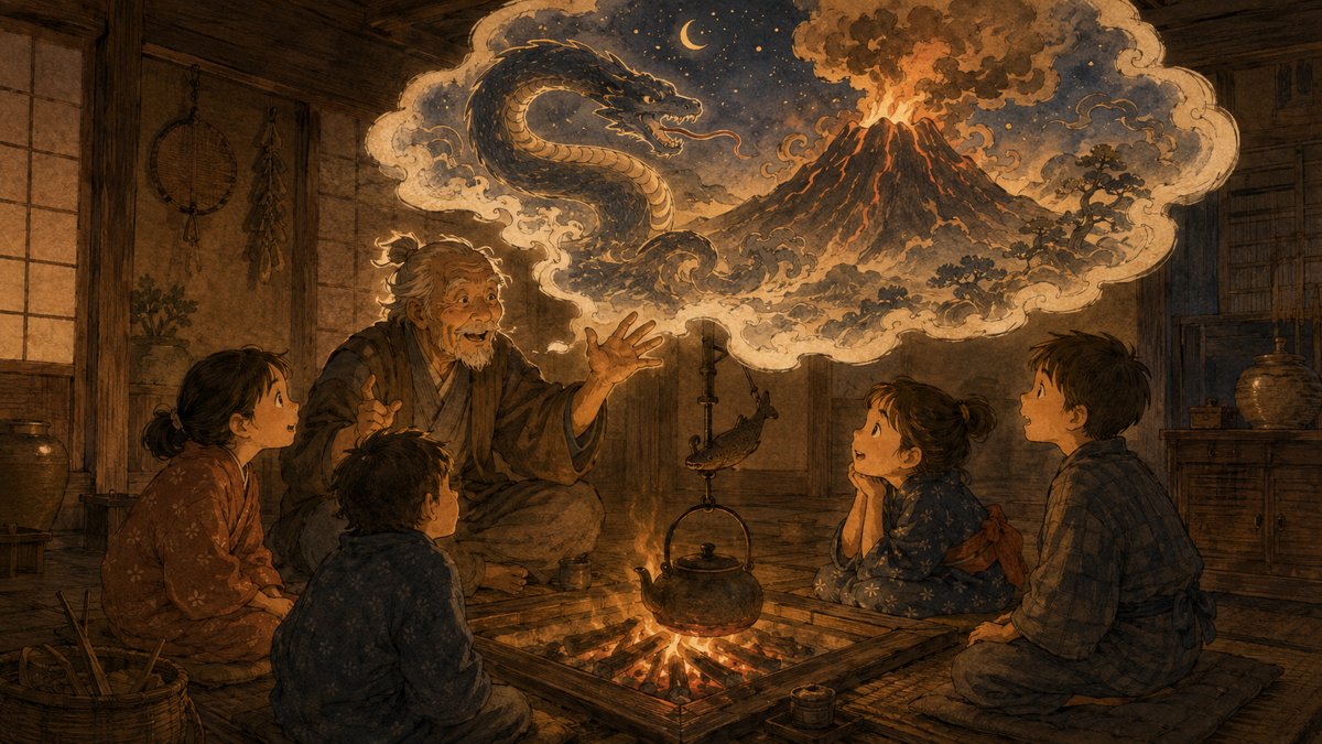 囲炉裏端で老人が子どもたちに大蛇と火山の物語を語るイラスト