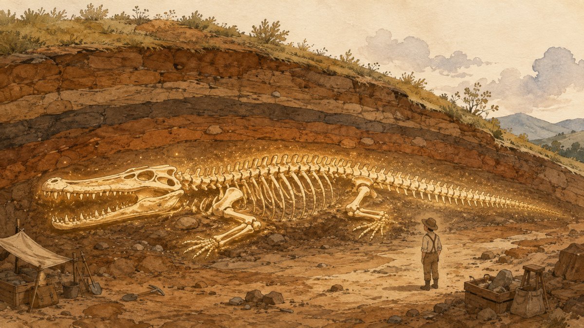 地層から発見された巨大なワニの全身骨格と、大きさ比較に立つ人のイラスト
