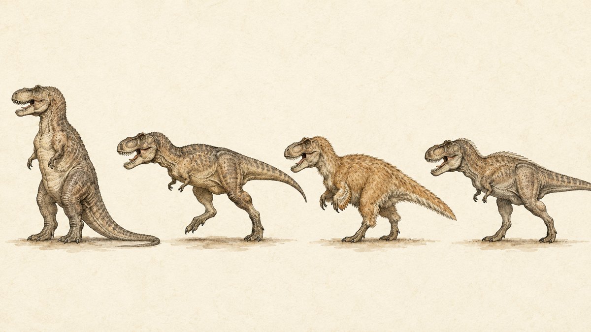 ティラノサウルスの復元図の変遷を並べた図解イラスト
