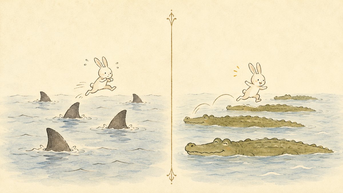 サメの背びれの海を渡りにくそうな兎と、ワニの背中を快適に渡る兎の比較イラスト