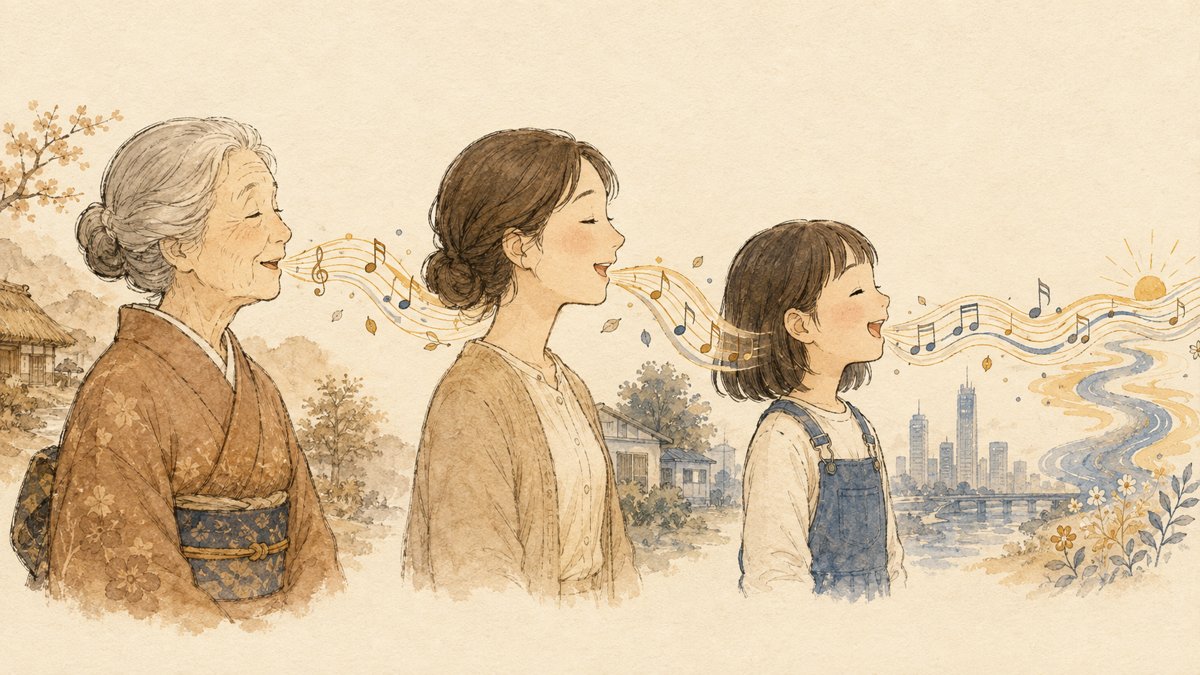 三世代の人が歌を歌い継いでいくイラスト