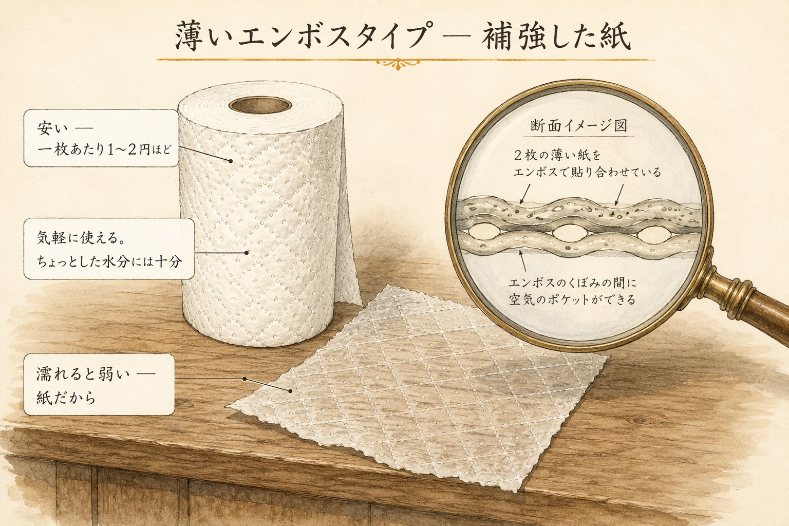 薄いキッチンペーパーのロールと、エンボス加工の断面を拡大した図