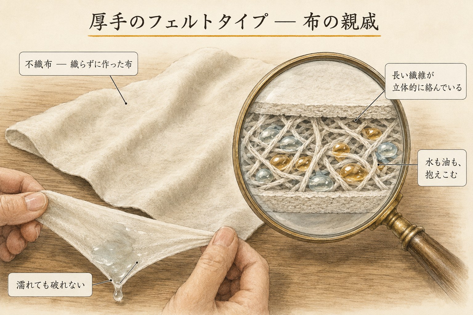 厚手の不織布ペーパーと、長い繊維が絡んだ3層構造の拡大図
