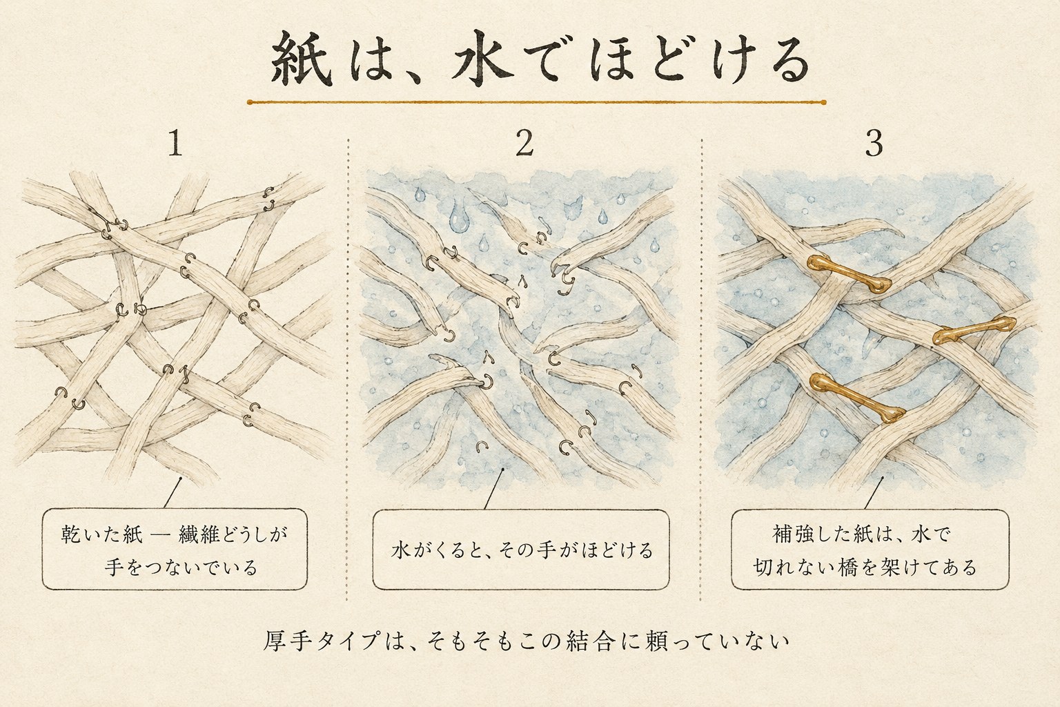 紙の繊維が水でほどけ、補強した紙では橋が残る様子を比べた3コマの図