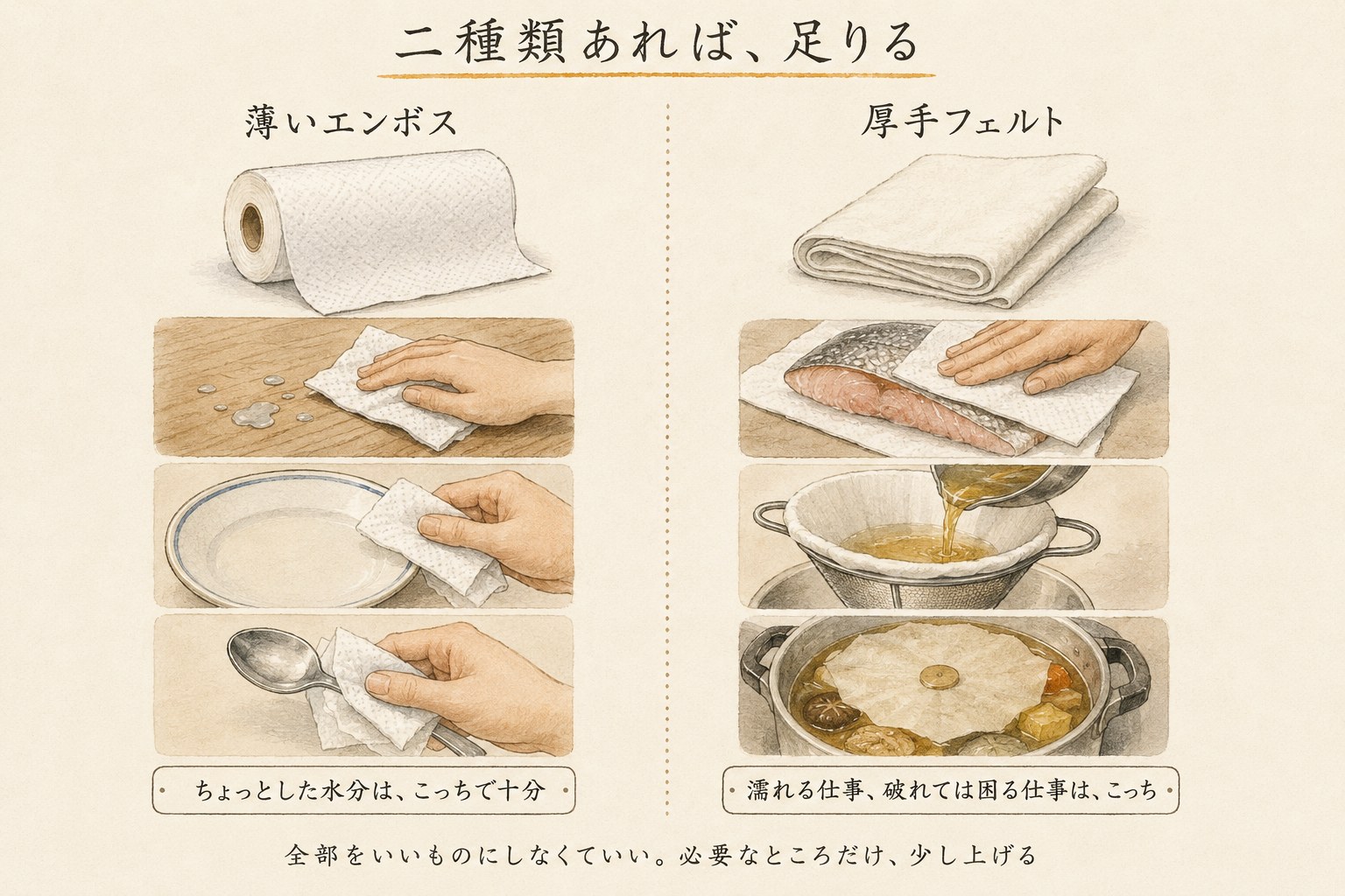 薄いエンボスと厚手フェルトの、それぞれ向いている仕事を並べた図