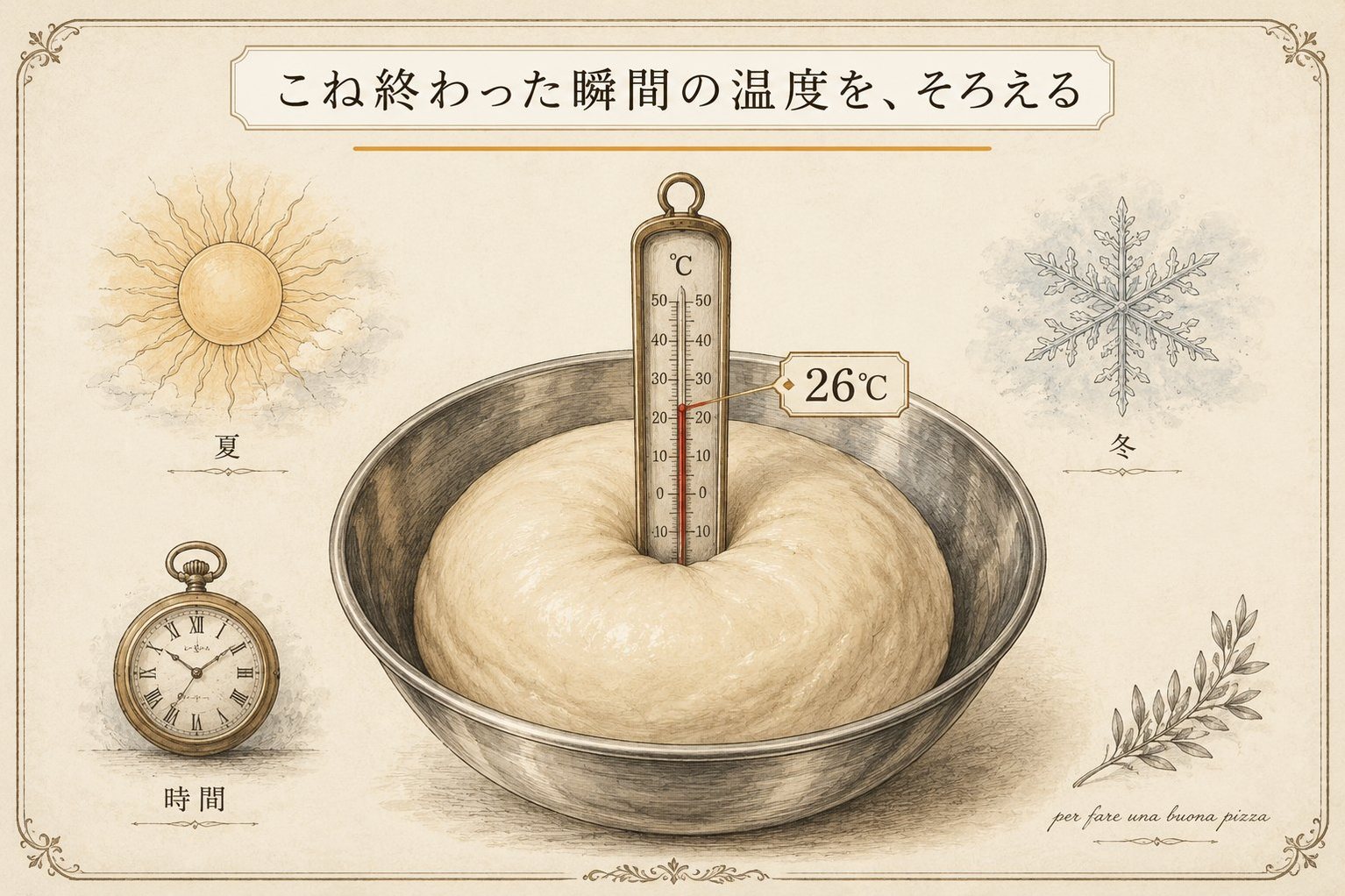 こね上げ生地に温度計が26℃を指す図。こね終わった瞬間の温度をそろえる
