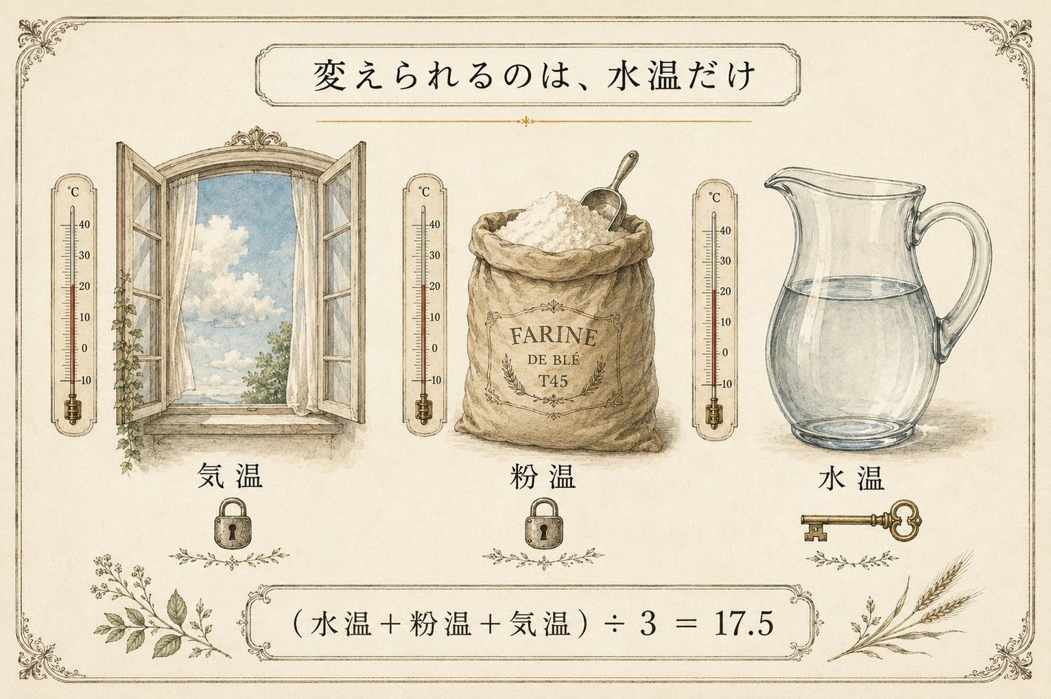 気温と粉温には鍵がかかり、水温だけに鍵が持てる図。(水温+粉温+気温)÷3=17.5