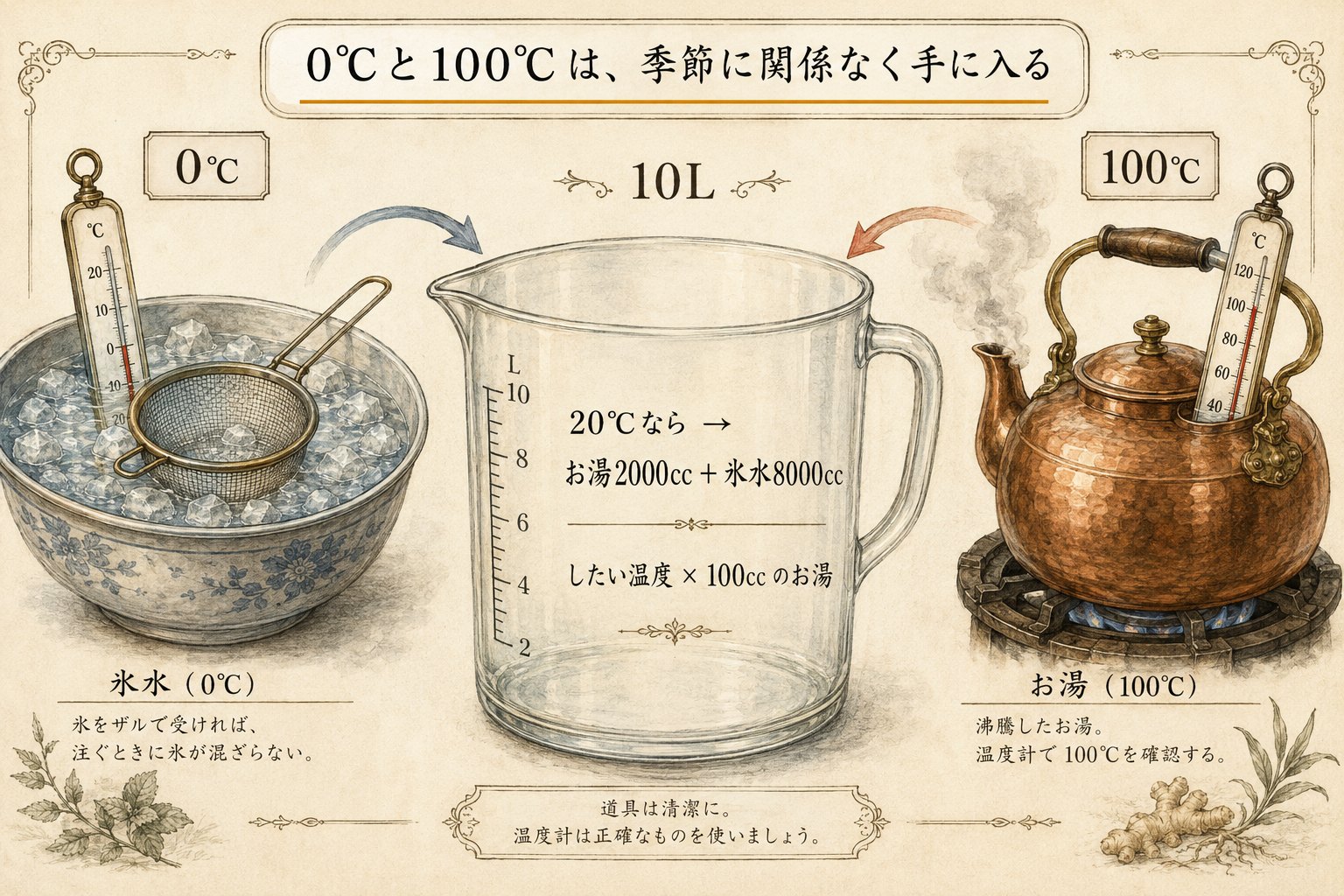 0℃の氷水と100℃の湯を混ぜて狙った水温を作る図。したい温度×100ccのお湯